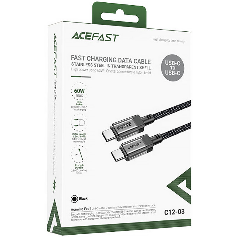 Купить Дата кабель Acefast C12-03 Type-C to Type-C 60W (1.2m) (Black) на vchehle.ua