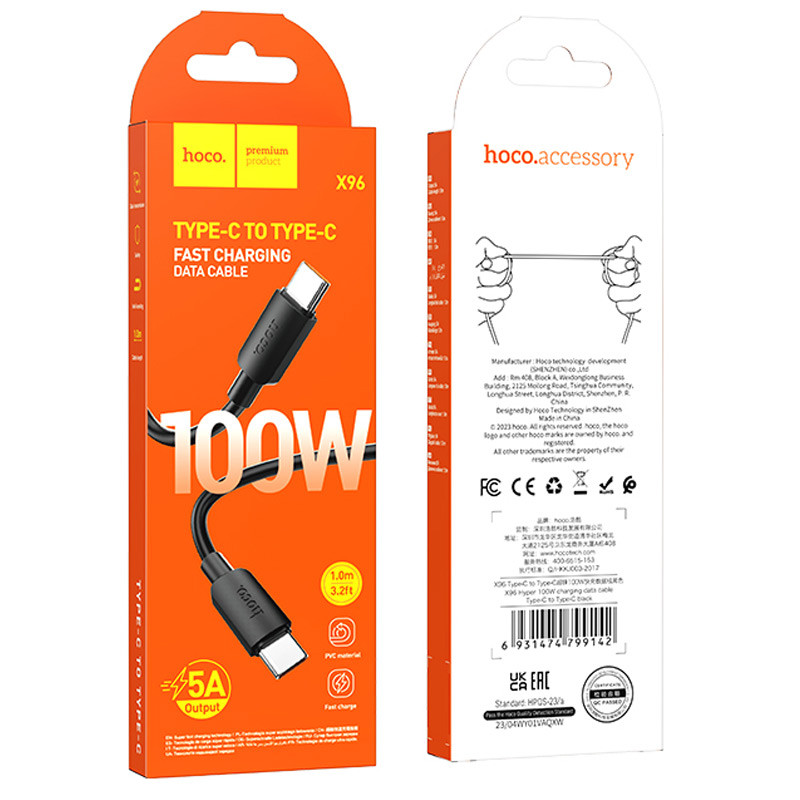 Замовити Дата кабель Hoco X96 Hyper Type-C to Type-C 100W (1m) (Black) на vchehle.ua