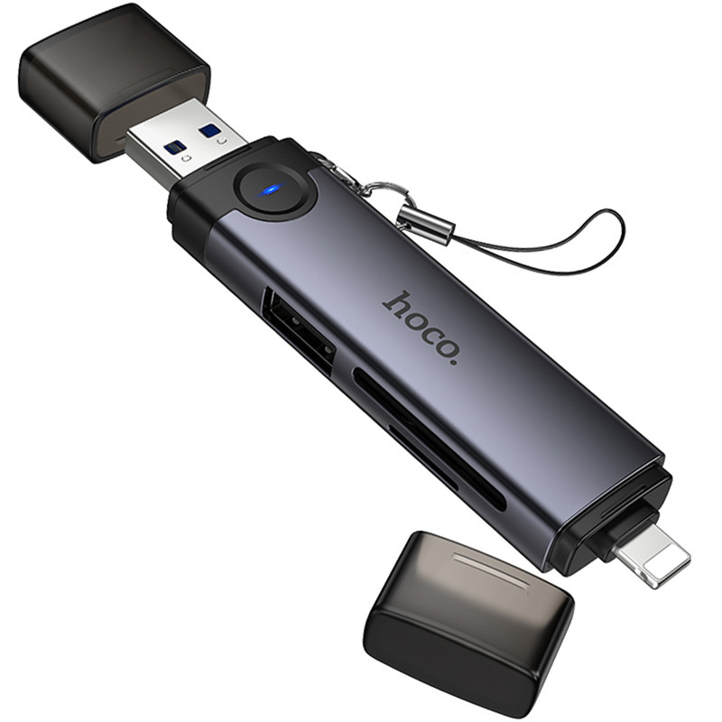 Фото Картридер Hoco HB56A Victory 5in1 Lightning/USB2.0 to SD/TF3.0 + USB 2.0 (Metal gray) в маназині vchehle.ua