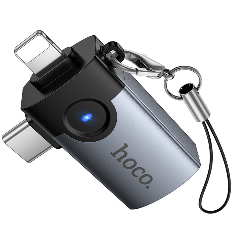 Переходник Hoco UA46D OTG 2in1 Lightning male/Type-C male to USB female (Metal gray)