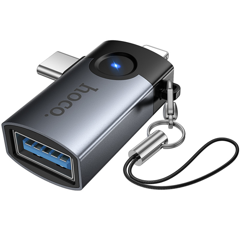 Фото Переходник Hoco UA46D OTG 2in1 Lightning male/Type-C male to USB female (Metal gray) в магазине vchehle.ua
