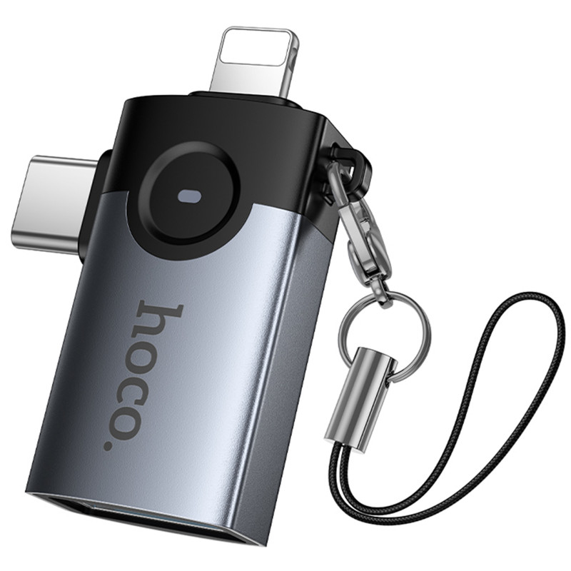 Переходник Hoco UA46D OTG 2in1 Lightning male/Type-C male to USB female (Metal gray) в магазине vchehle.ua