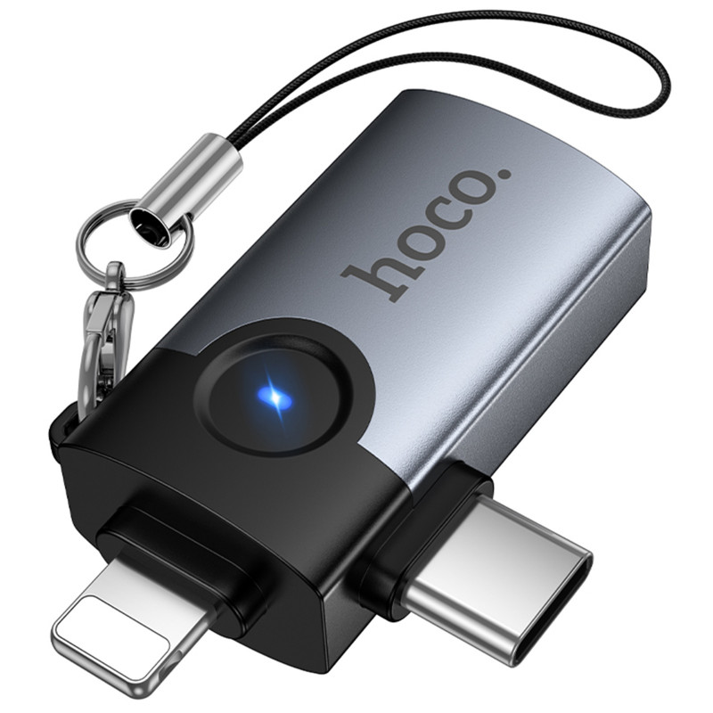 Купить Переходник Hoco UA46D OTG 2in1 Lightning male/Type-C male to USB female (Metal gray) на vchehle.ua