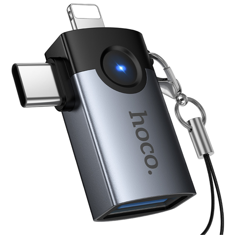 Заказать Переходник Hoco UA46D OTG 2in1 Lightning male/Type-C male to USB female (Metal gray) на vchehle.ua