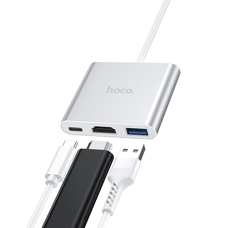 Купити Перехідник HUB Hoco HB14 3in1 (Type-C to USB3.0+HDMI+PD) (Сталевий) на vchehle.ua
