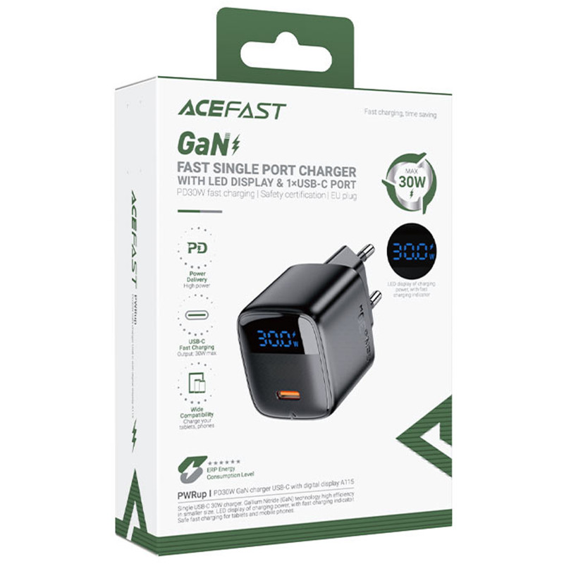 Фото СЗУ Acefast A115 PD30W GaN (1USB-C) (Black) на vchehle.ua