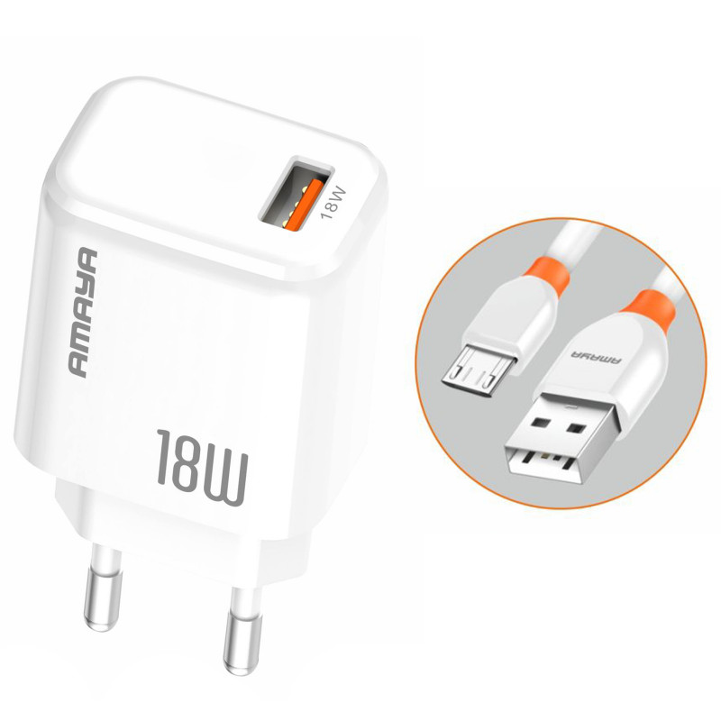 СЗУ Amaya E56 QC3.0 18W (1USB-A) + кабель USB to MicroUSB (White)
