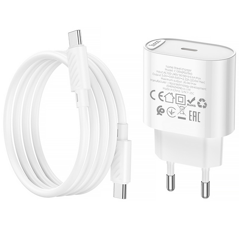 Заказать СЗУ Hoco C109A Fighter PD20W (1USB-C) + кабель Type-C to Type-C (White) на vchehle.ua