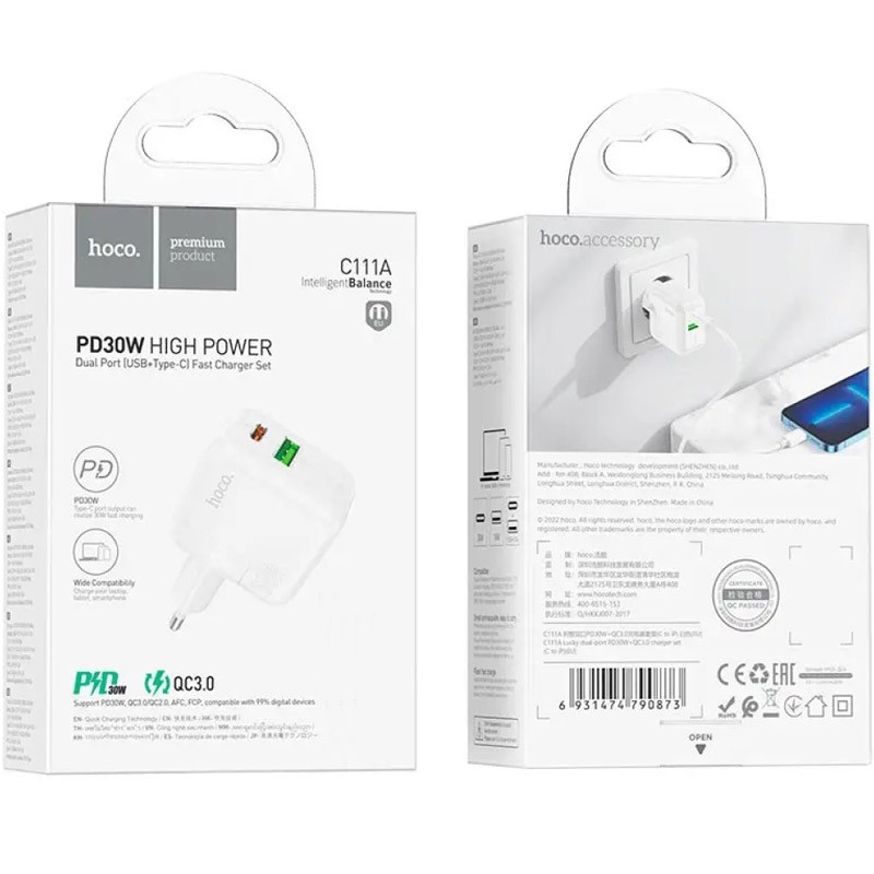 МЗП Hoco C111A PD30W+QC3.0 (1USB-A/1C) (White) в магазині vchehle.ua