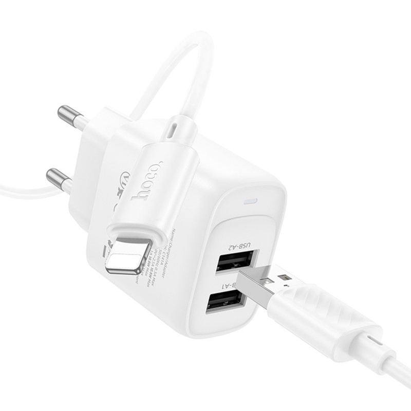 СЗУ Hoco C141A Smart 2.1A (2USB-A) + кабель USB to Lightning (White) в магазине vchehle.ua