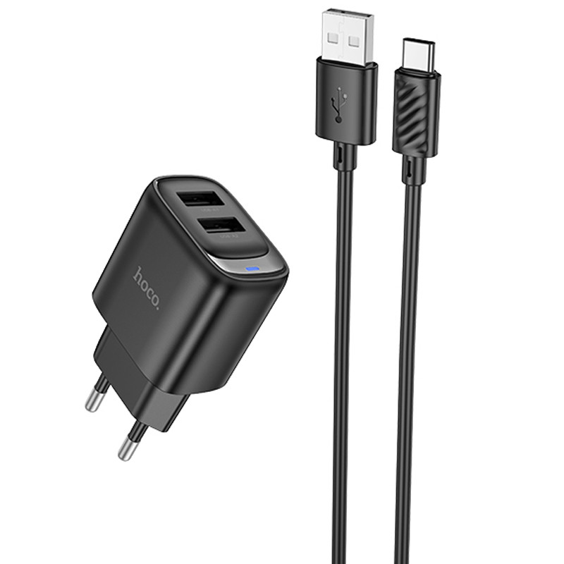 СЗУ Hoco C141A Smart 2.1A (2USB-A) + кабель USB to Type-C (Black)