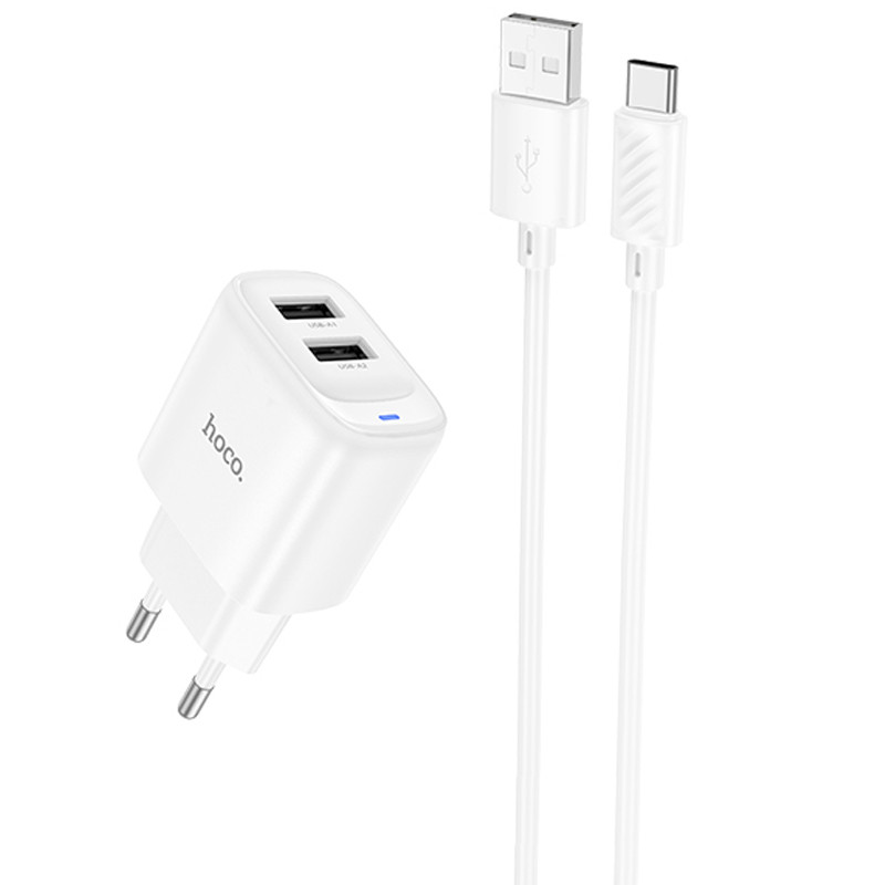 СЗУ Hoco C141A Smart 2.1A (2USB-A) + кабель USB to Type-C (White)