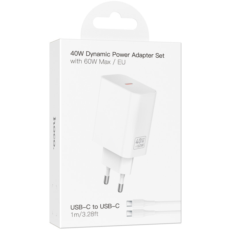 Фото СЗУ Hoco C162A Source PD40W (1USB-C) + кабель Type-C to Type-C (White) на vchehle.ua