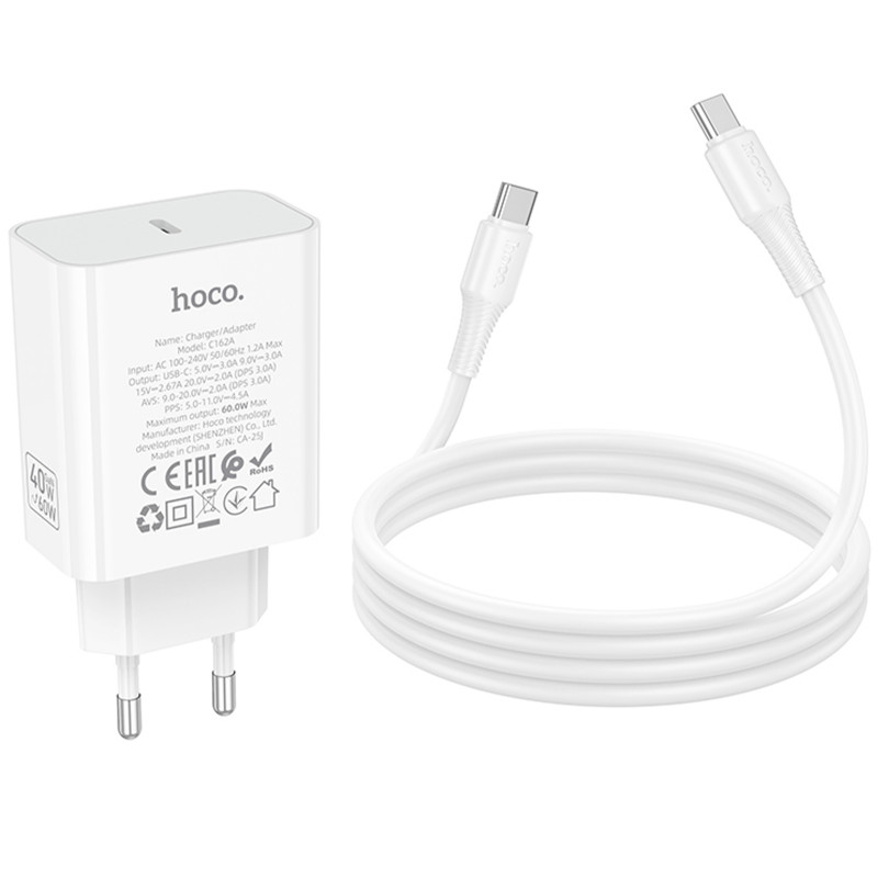 Фото СЗУ Hoco C162A Source PD40W (1USB-C) + кабель Type-C to Type-C (White) в магазине vchehle.ua