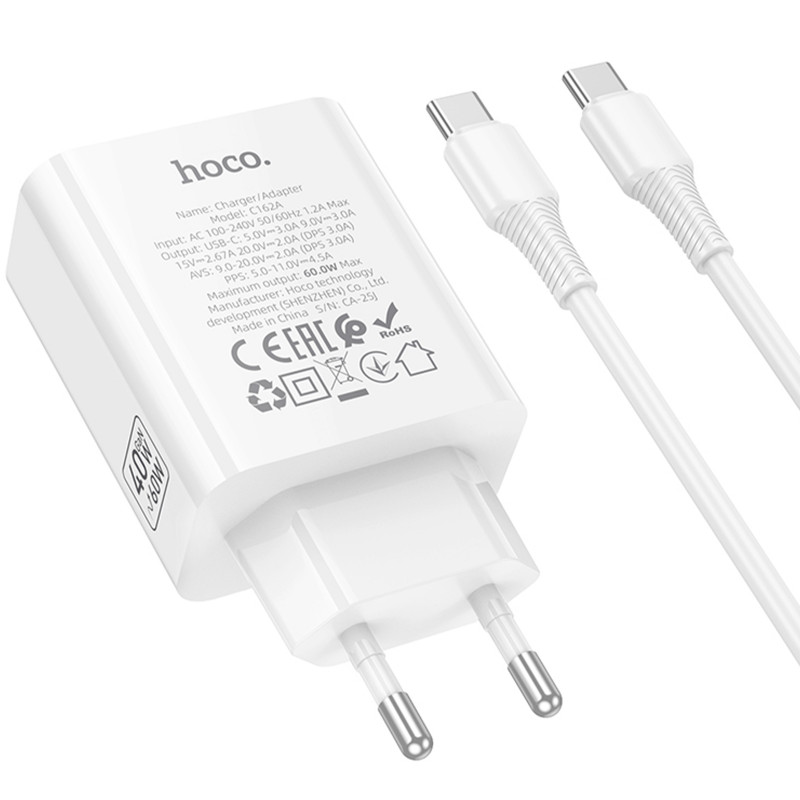 СЗУ Hoco C162A Source PD40W (1USB-C) + кабель Type-C to Type-C (White) в магазине vchehle.ua