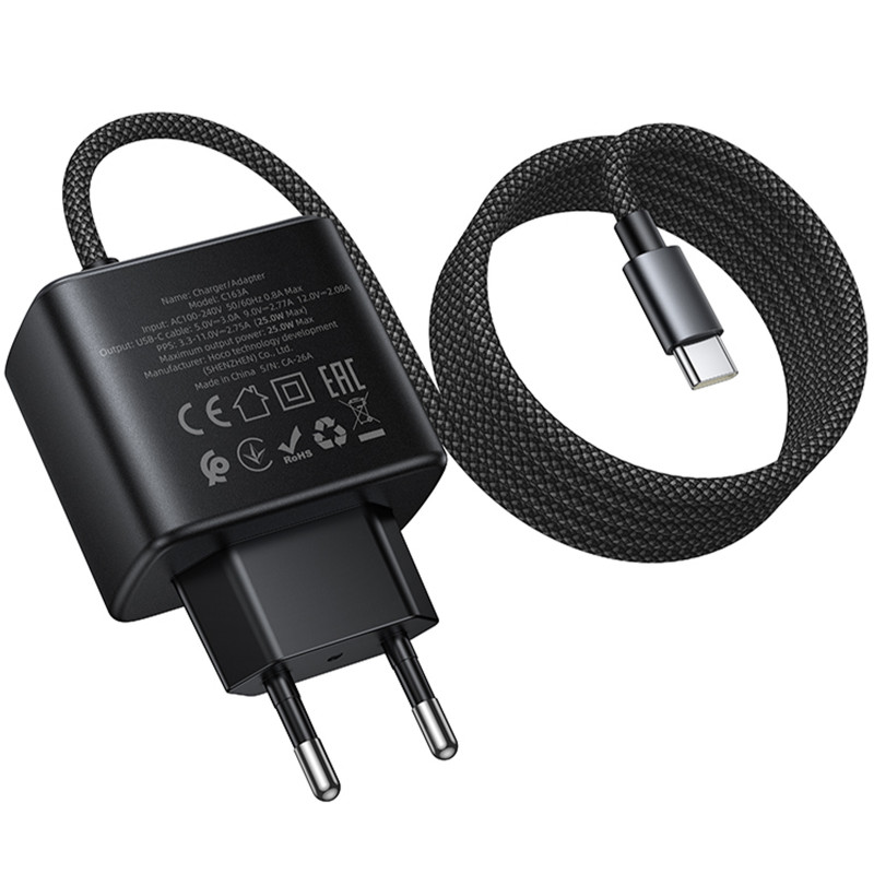Фото СЗУ Hoco C163A New PD25W (1USB-C) + встроенный кабель Type-C (Black) в магазине vchehle.ua