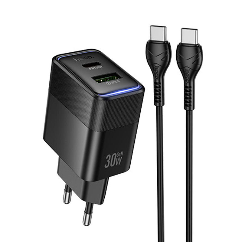 СЗУ Hoco CS112A Lounge PD30W+QC3.0 (1USB-A/1C) + кабель Type-C to Type-C (Black)