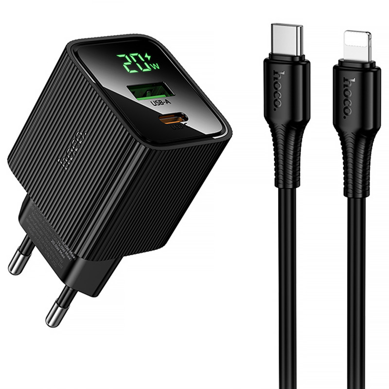 СЗУ Hoco CS83A Excellent with digital display PD20W+QC3.0 (1USB-A/1C) + кабель Type-C to Lightning