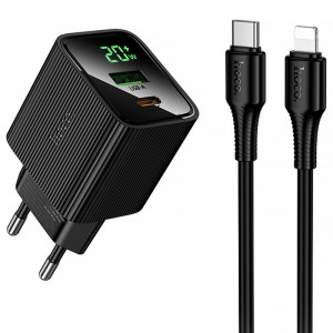 СЗУ Hoco CS83A Excellent with digital display PD20W+QC3.0 (1USB-A/1C) + кабель Type-C to Lightning