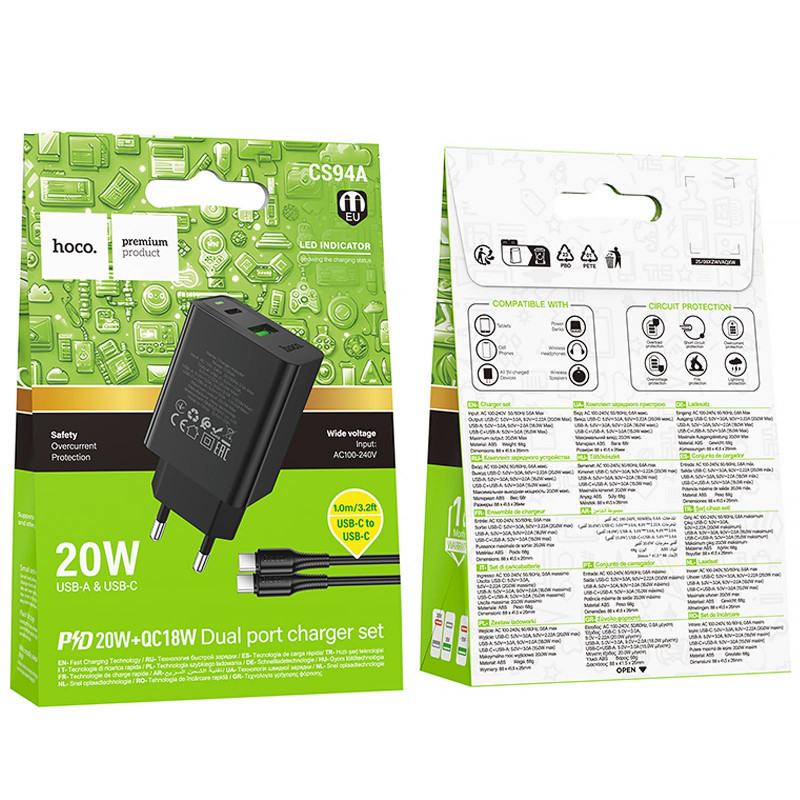 Фото СЗУ Hoco CS94A Leader PD20W+QC3.0 (1USB-A/1C) + кабель Type-C to Type-C (Black) на vchehle.ua