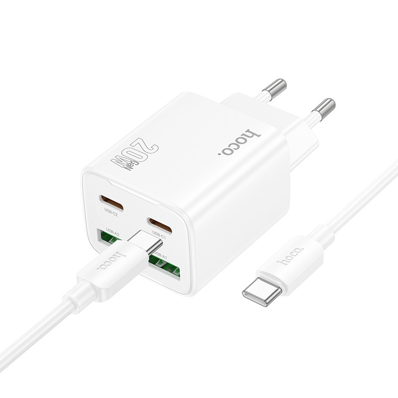 Фото СЗУ Hoco N55 Fundador PD20W+QC3.0 (2USB-A/2C) + кабель Type-C to Type-C (White) на vchehle.ua