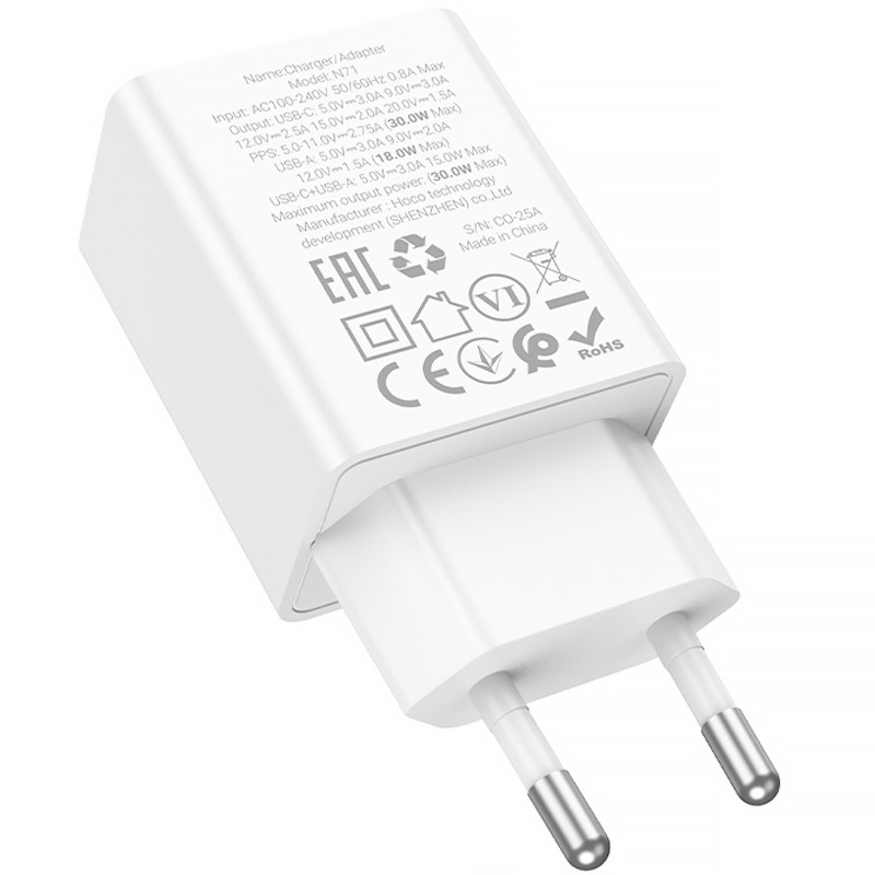 СЗУ Hoco N71 Nuevo PD30W+QC3.0 (1USB-A/1C) (White) в магазине vchehle.ua