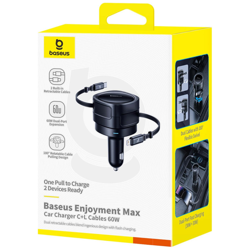 АЗП Baseus Enjoyment Max PD60W with retractable cables (1USB-C/1L) (C00035507121) (Cosmic Black) в магазині vchehle.ua