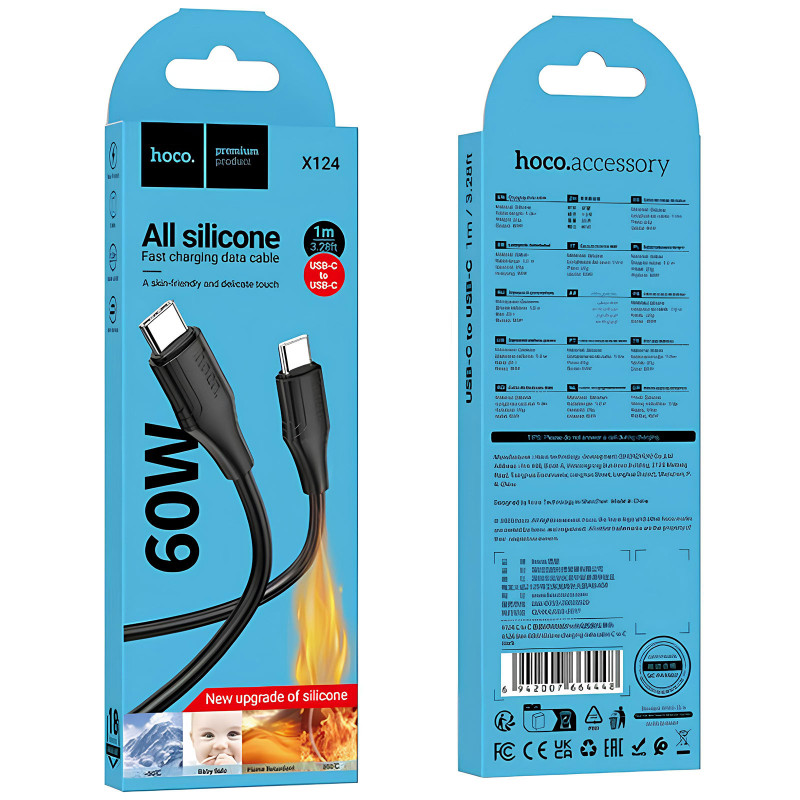 Фото Дата кабель Hoco X124 Bien silicone Type-C to Type-C 60W (1m) (Black) в маназині vchehle.ua