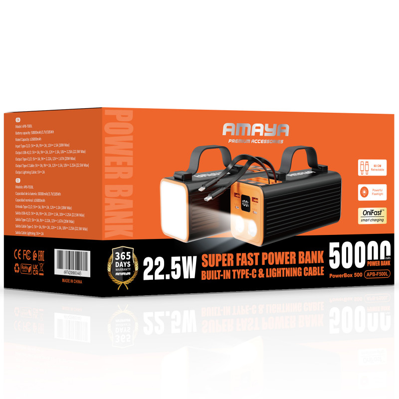 Фото Power Bank Amaya 50000 mAh F500L PD22.5W flashlight with cable (Black) на vchehle.ua
