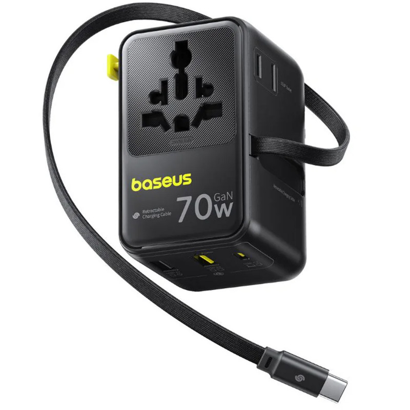 Мережевий універсальний перехідник Baseus CG11 70W with retractable cable (2USB-A/3C/1Socket) (E0307E) (Cosmic Black)