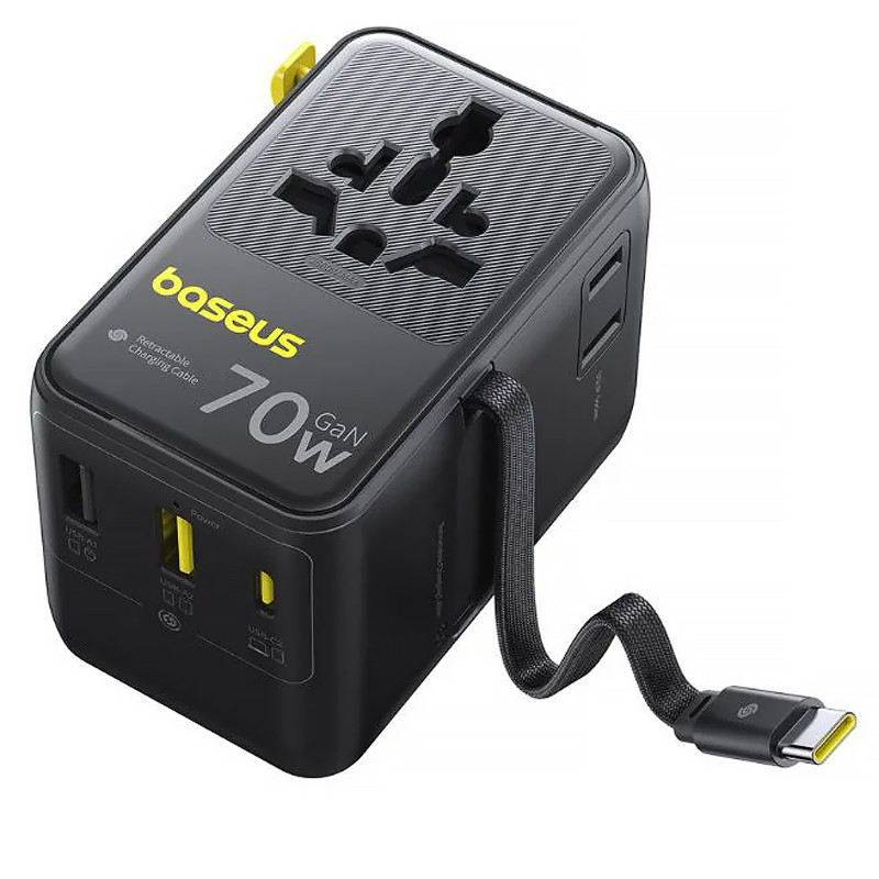 Фото Мережевий універсальний перехідник Baseus CG11 70W with retractable cable (2USB-A/3C/1Socket) (E0307E) (Cosmic Black) на vchehle.ua