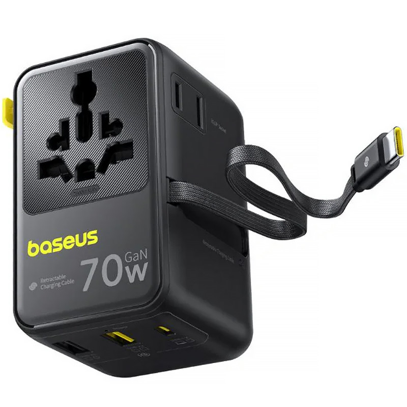 Фото Мережевий універсальний перехідник Baseus CG11 70W with retractable cable (2USB-A/3C/1Socket) (E0307E) (Cosmic Black) в маназині vchehle.ua