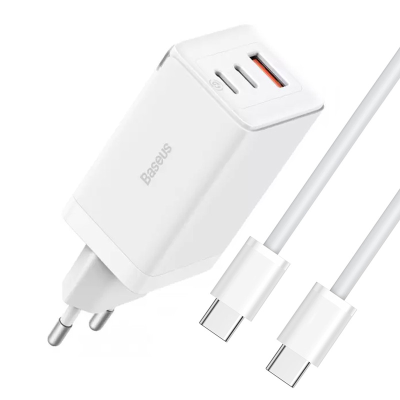 СЗУ Baseus GaN5 Pro PD65W+QC3.0 (1USB-A/2C)  + кабель Type-C to Type-C (CCGP12020) (White)