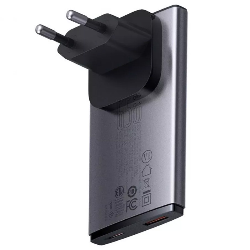 Фото СЗУ Baseus GaN5 Pro Ultra-Slim PD65W+QC3.0 (1USB-A/1C) + кабель Type-C to Type-C (CCGP15011) (Gray) на vchehle.ua