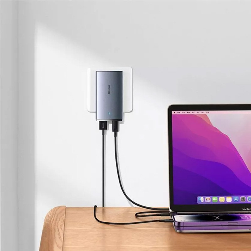 СЗУ Baseus GaN5 Pro Ultra-Slim PD65W+QC3.0 (1USB-A/1C) + кабель Type-C to Type-C (CCGP15011) (Gray) в магазине vchehle.ua