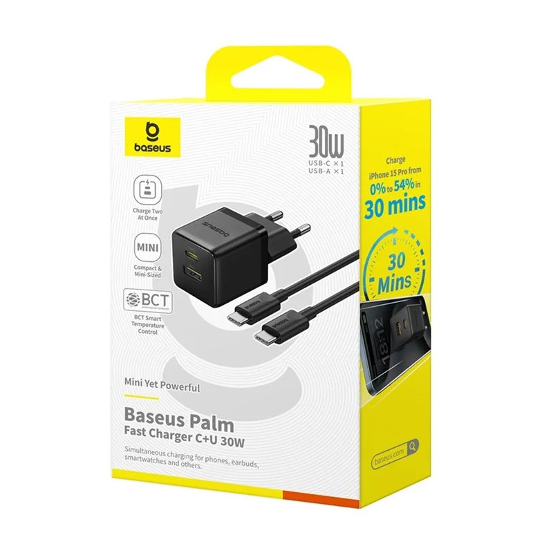 Заказать СЗУ Baseus Palm Fast Charger PD30W+QC3.0 (1USB-A/1C) + кабель Type-C to Type-C (P1011160A) (Cluster Black) на vchehle.ua