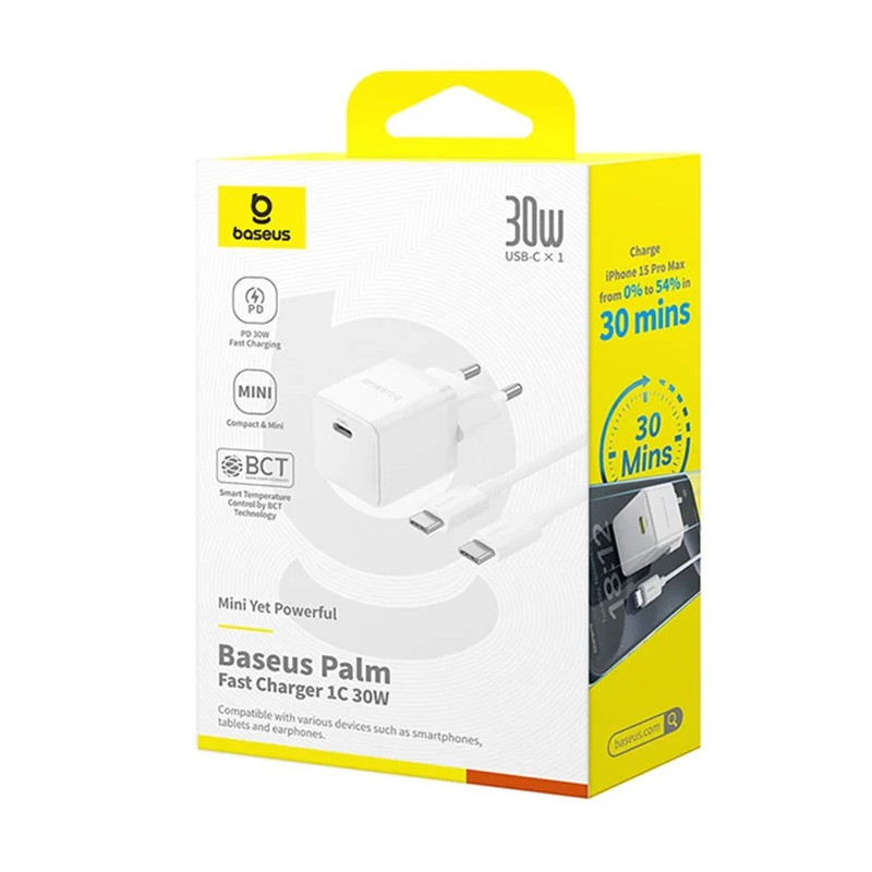 Заказать СЗУ Baseus Palm Fast Charger PD30W (1USB-C) + кабель Type-C to Type-C (P10111605113-01) (Moon White) на vchehle.ua