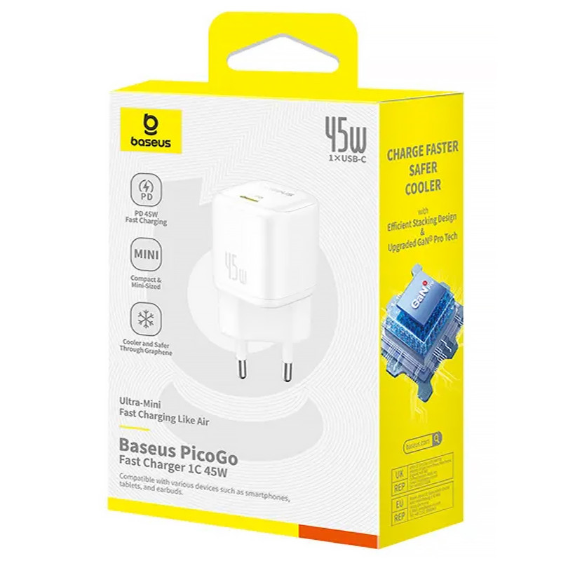 СЗУ Baseus PicoGo GaN Fast Charger 45W (1USB-C) (P10176800) (Moon White) в магазине vchehle.ua