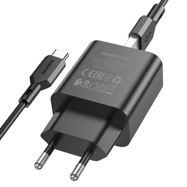 СЗУ Borofone BA72A Spring QC3.0 (1USB-A) + кабель USB to Type-C (Black) в магазине vchehle.ua