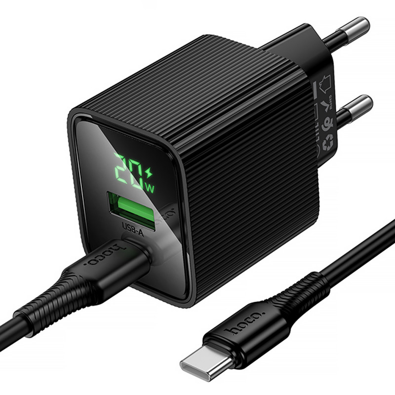 СЗУ Hoco CS83A Excellent with digital display PD20W+QC3.0 (1USB-A/1C) + кабель Type-C to Type-C (Black) в магазине vchehle.ua