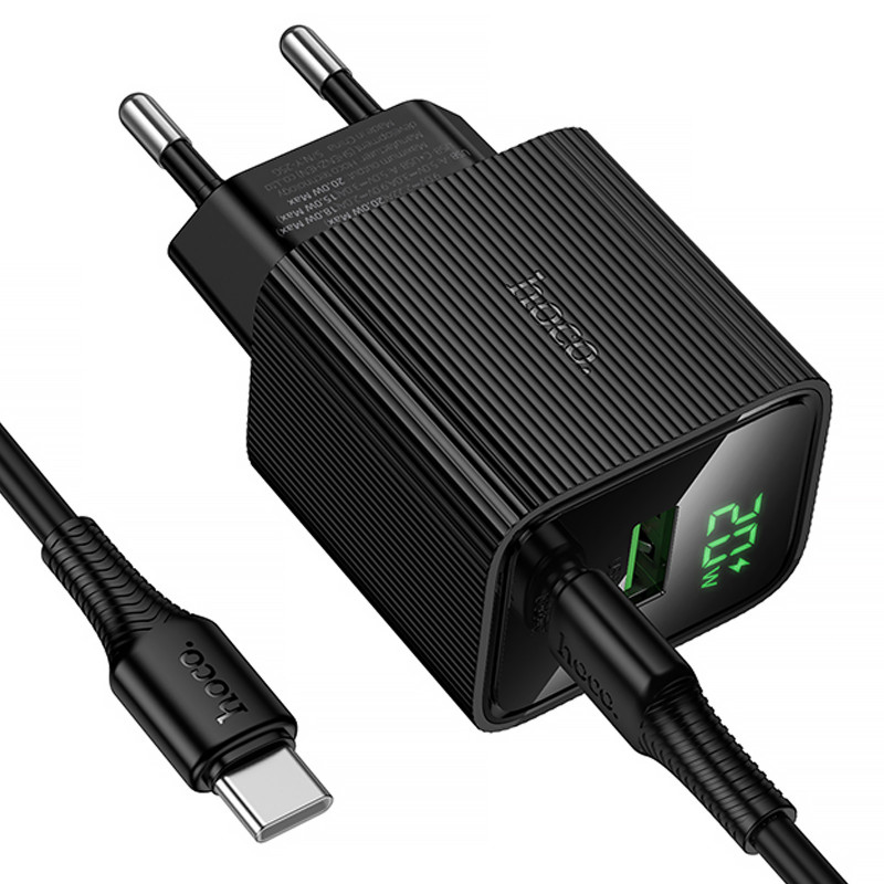 Купить СЗУ Hoco CS83A Excellent with digital display PD20W+QC3.0 (1USB-A/1C) + кабель Type-C to Type-C (Black) на vchehle.ua