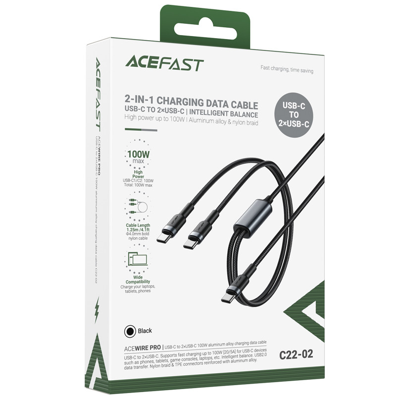 Фото Дата кабель Acefast C22-02 2in1 Type-C для Type-C/Type-C 100W (1.2m) (Black) на vchehle.ua