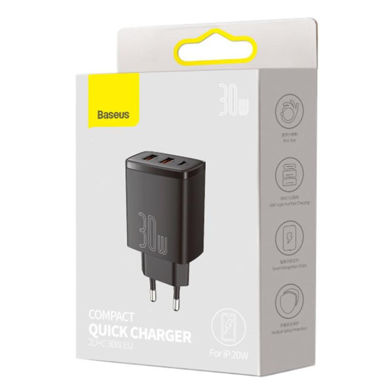 Фото МЗП Baseus Compact Quick Charger PD30W+QC3.0 (2USB-A/1C) (CCXJ-E) (Чорний) в маназині vchehle.ua