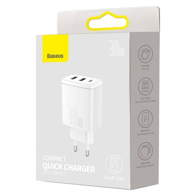 Купити МЗП Baseus Compact Quick Charger PD30W+QC3.0 (2USB-A/1C) (CCXJ-E) (Білий) на vchehle.ua