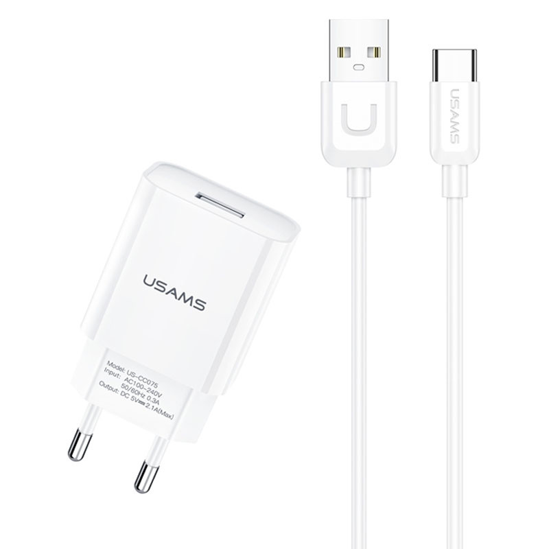 МЗП USAMS T21 Charger kit - T18 single USB + Uturn Type-C cable (Білий)