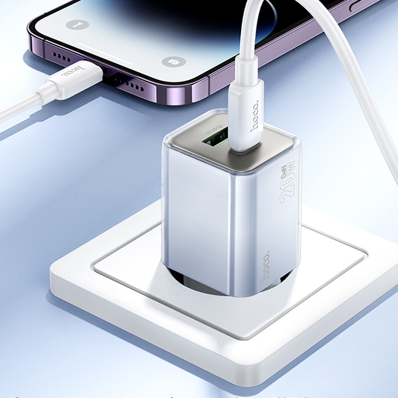 Купити МЗП Hoco N46 Glorious PD20W+QC3.0 (1USB-A/1C) + кабель Type-C to Lightning (Blue) на vchehle.ua