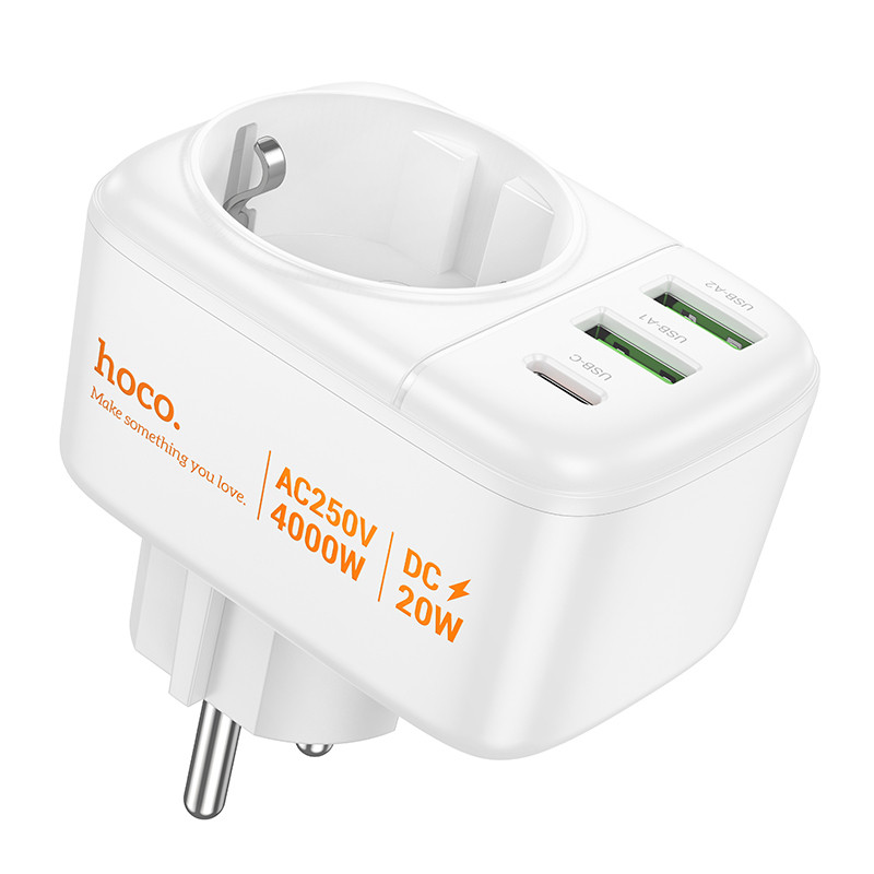 СЗУ Hoco AC26 Changer Outlet Extender 20W (2USB-A/1C/1Socket) (White)