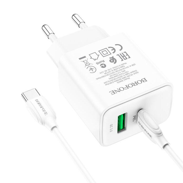 Фото СЗУ Borofone BA67A PD20W+QC3.0 (1USB-A/1C) + кабель Type-C to Type-C (Белый) на vchehle.ua