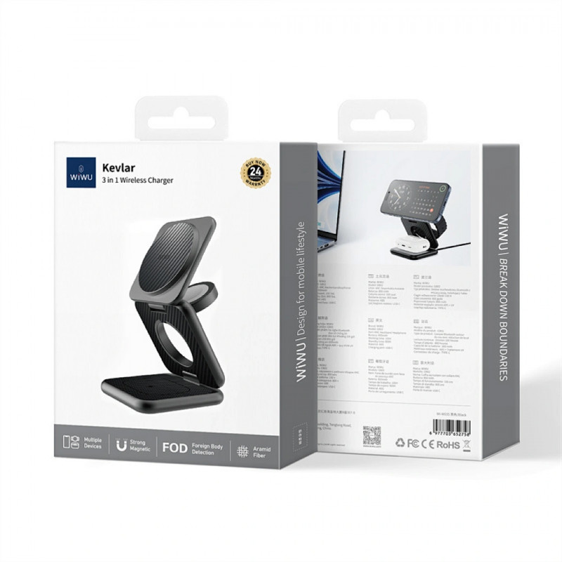 Купити БЗП WIWU Wi-W035 Kevlar Mag Go 3 in 1 Wireless Charger (Black) на vchehle.ua