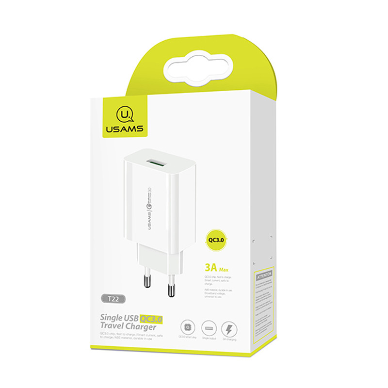 СЗУ USAMS US-CC083 T22 Single USB QC3.0 Travel Charger (EU) (Белый) в магазине vchehle.ua
